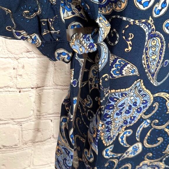 H&M Wms Blue Tan Paisley Shift Dress Size 10 Tie Knot Sleeve Knee Length Fall - Picture 6 of 9